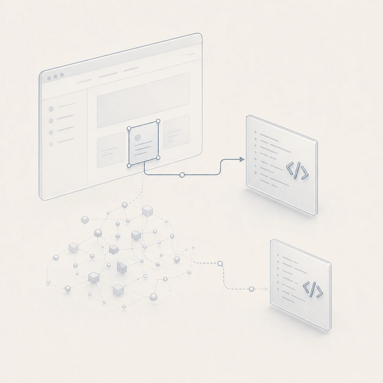 A selected web UI region takes a short direct path to source code while a longer path passes through many context nodes