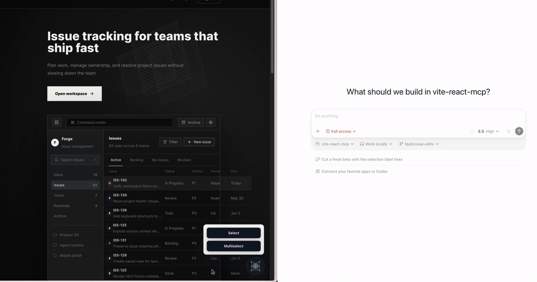 Agentic React single-select workflow from browser UI to coding agent